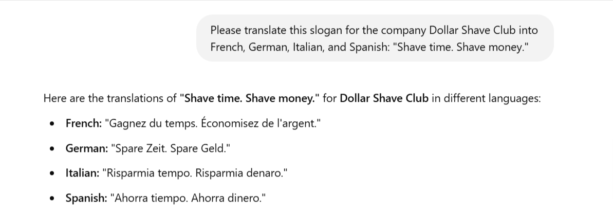 ChatGPT translation of Dollar Shave Club slogan showing literal translations that lose wordplay