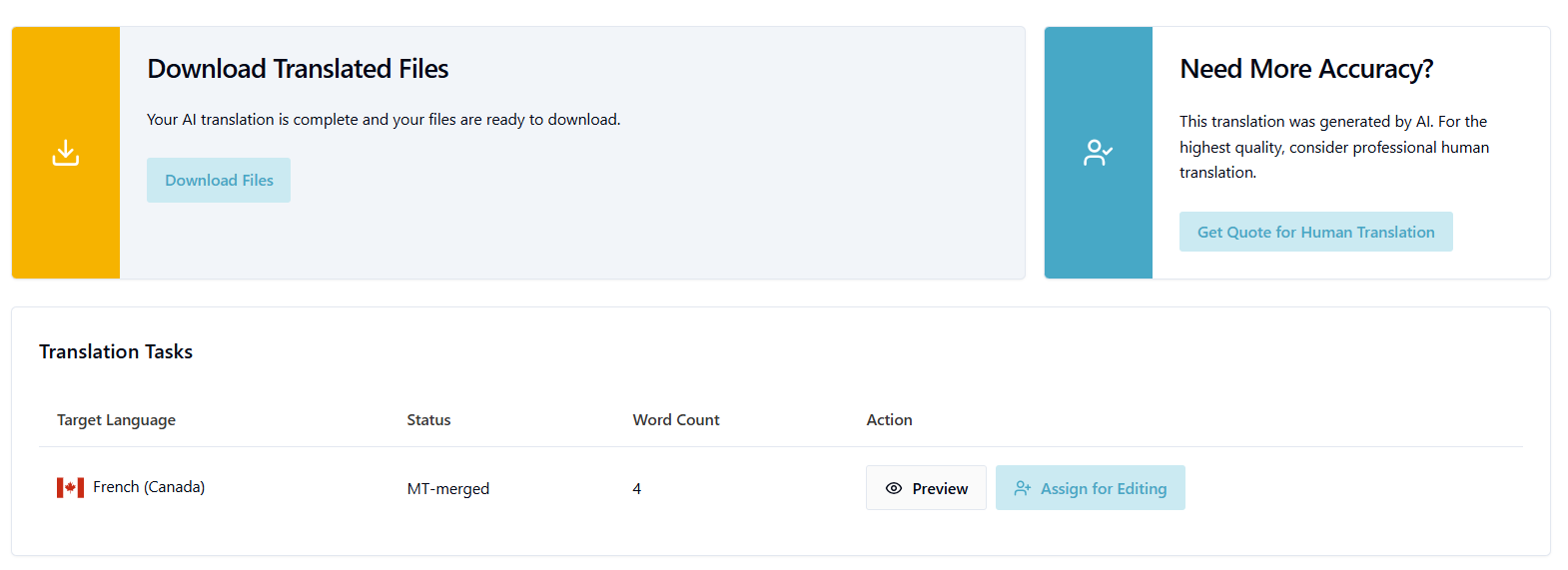 Taia AI translation complete - instant download with option to upgrade to professional human translation