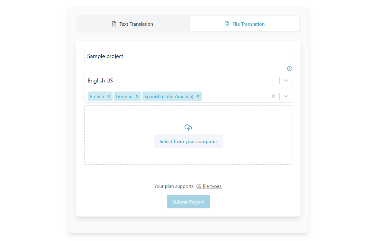 Taia file translation interface showing simple drag-and-drop upload for 65+ file formats with instant language selection