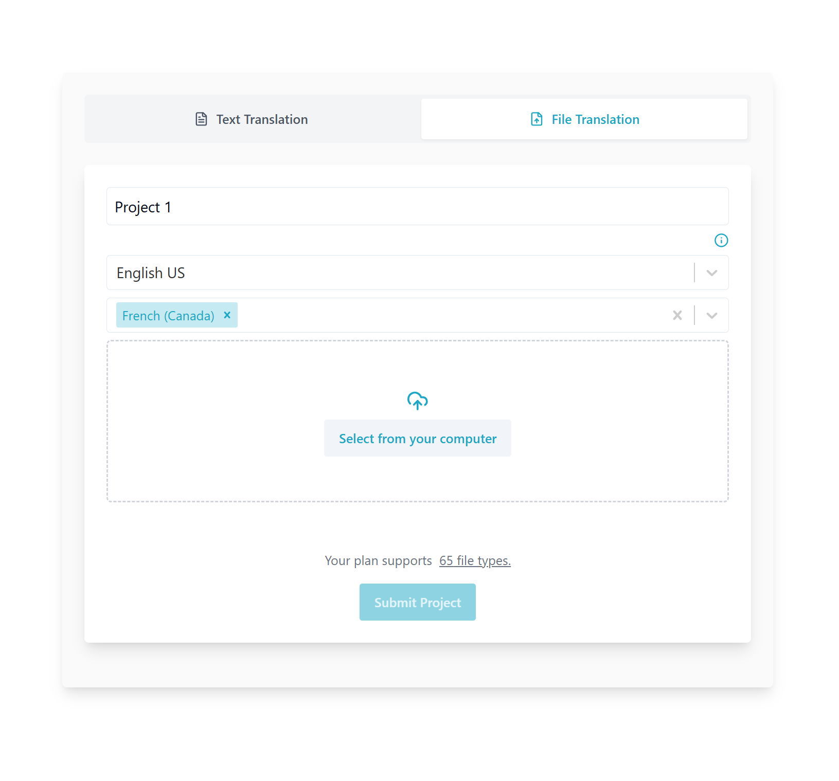Taia AI file translation interface supporting 65+ file types