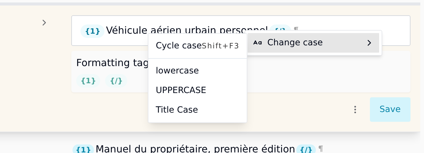 Right-click menu in the translation editor with the Change case submenu open