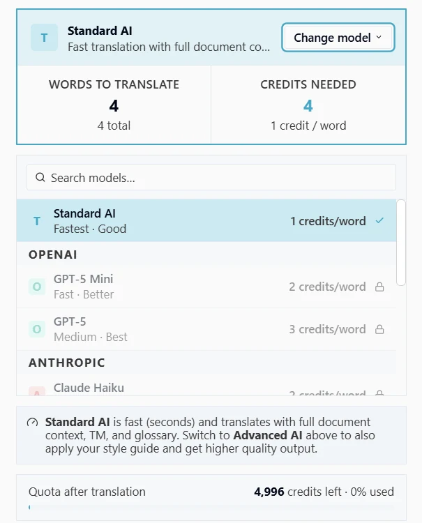 Taia AI translator model picker showing Standard AI selected with GPT-5 Mini, GPT-5, and Claude Haiku as Advanced AI options