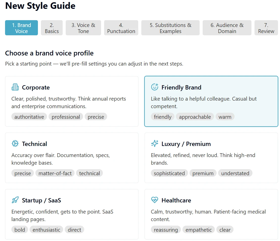 Taia Style Guide setup wizard with Brand Voice profile selection: Corporate, Friendly Brand, Technical, Luxury, Startup/SaaS, Healthcare