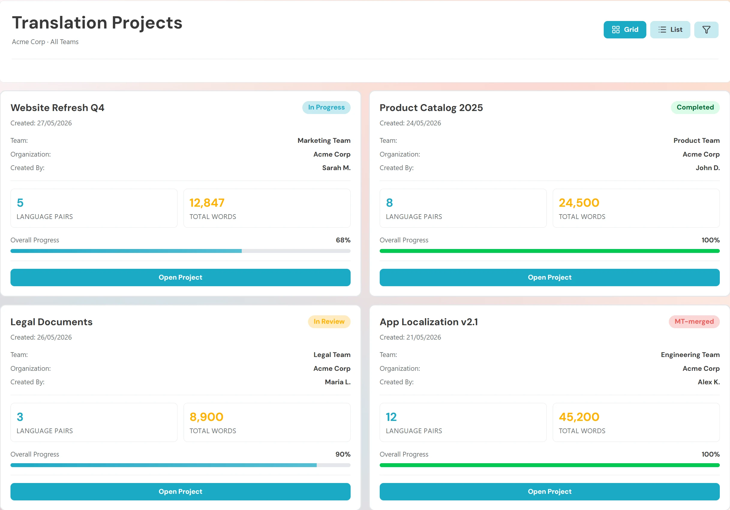 Taia TMS Translation Projects dashboard showing Website Refresh Q4, Product Catalog 2025, Legal Documents, and App Localization projects with progress, language pairs, word counts, and team assignments