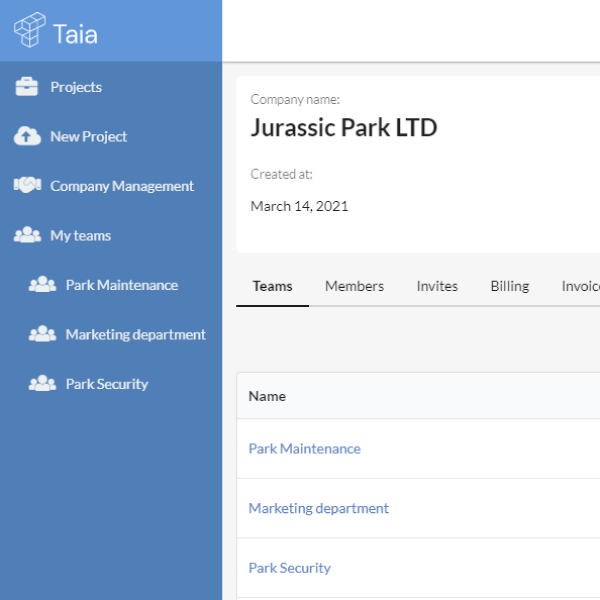 Company management screen Taia Translations platform