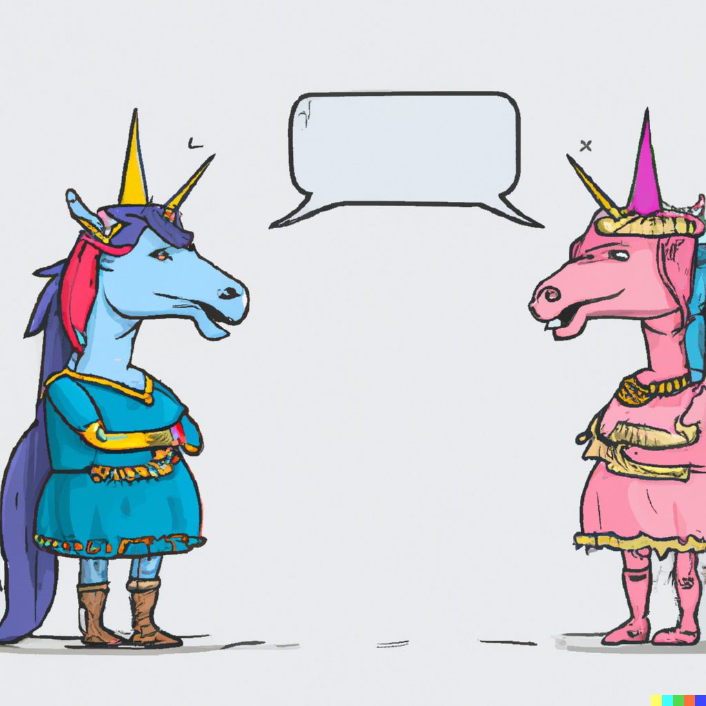 An image depicting two unicorns talking - generated by Dalle-2