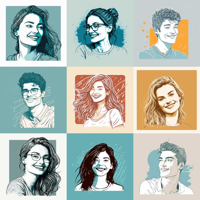 A picture made up of a grid of smiling illustrated faces depicting diversity
