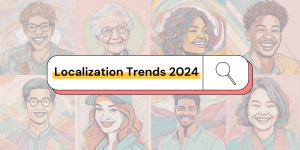 A search bar searching for 2024 localization trends in front of multitude of people from different cultures