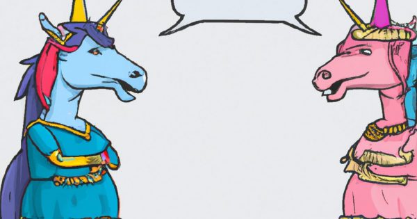 An image depicting two unicorns talking - generated by Dalle-2